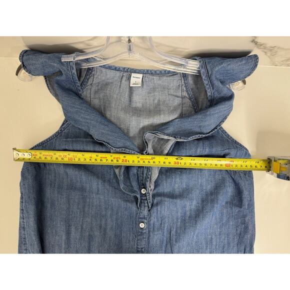 Old Navy Denim Button Up Shirt Blouse Top Blue Sleeveless Peasant Ruffle Cowgirl - Picture 5 of 9